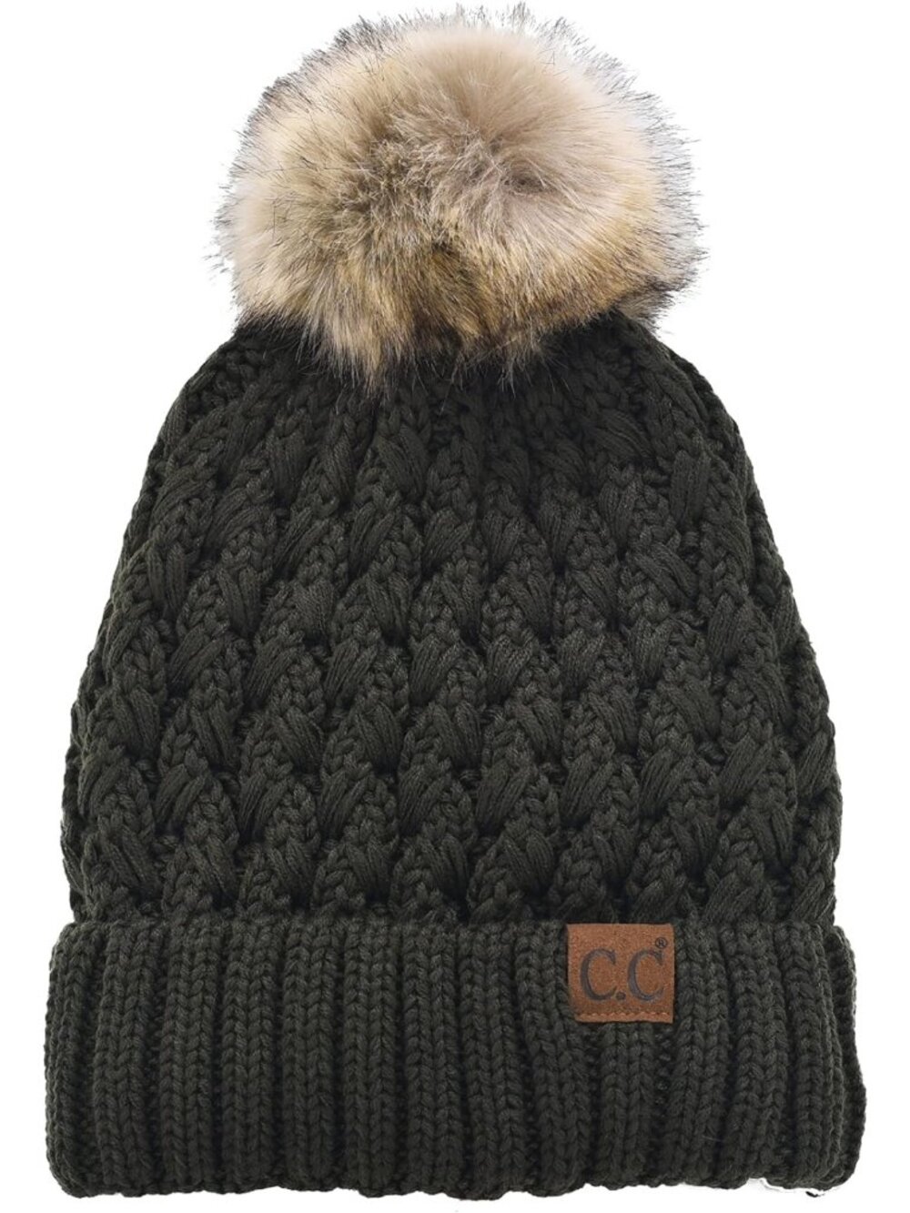 Thick Cable Knit Faux Fur Pom Beanie - Lattice Crossover Fuzzy Lined Skull Cap